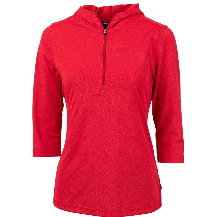 * Cutter & Buck Women'S Red Virtue Eco Pique Recycled Half Zip Pullover Hoodie | Quarter Zips