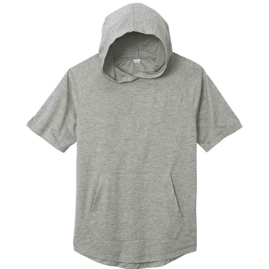 * Sport-Tek Men'S Light Grey Heather Posicharge Tri-Blend Wicking Short Sleeve Hoodie | Sweatshirts