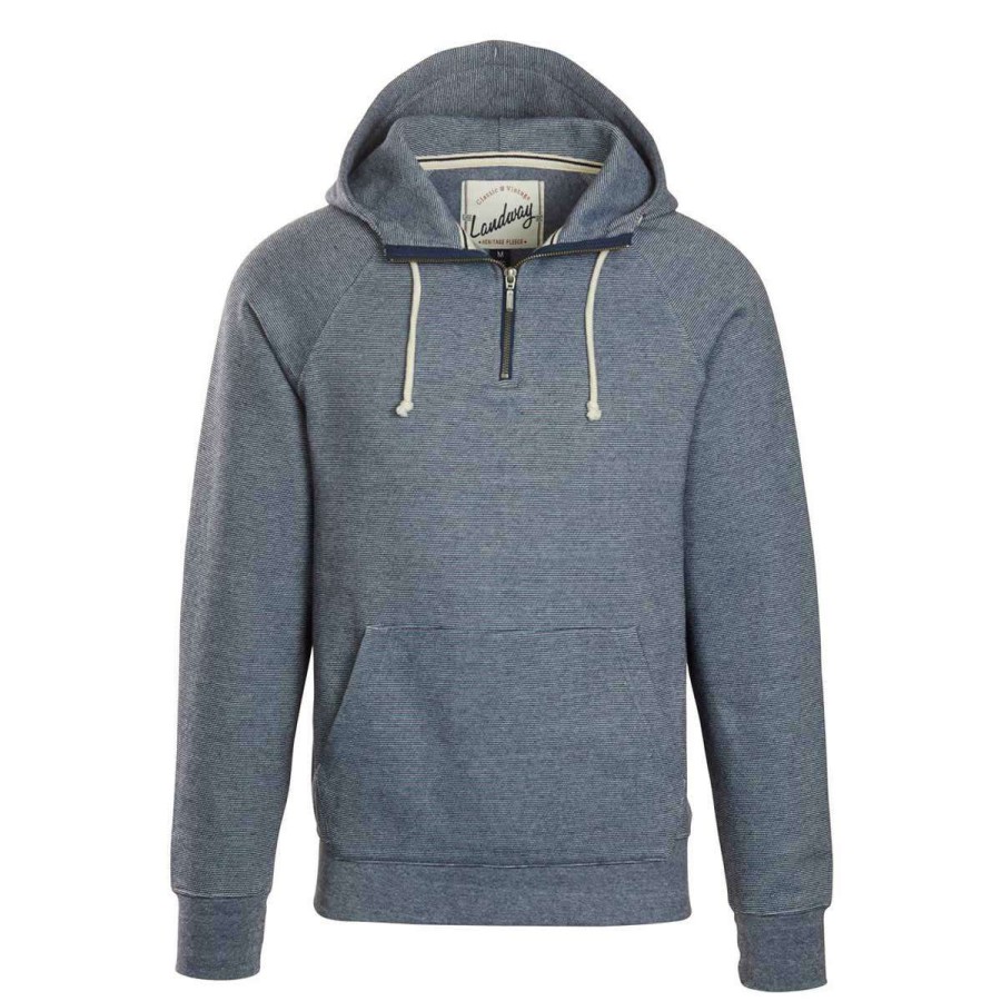 * Landway Men'S Navy Mendocino Mini Stripe Pullover Hoodie | Quarter Zips