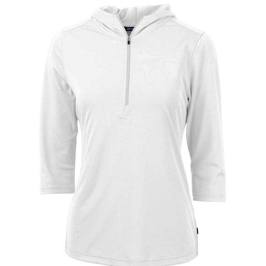 * Cutter & Buck Women'S White Virtue Eco Pique Recycled Half Zip Pullover Hoodie | Quarter Zips